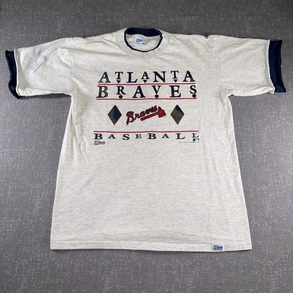 Vintage Atlanta Braves Shirt Mens Large Gray MLB Baseball Salem 90s Tee 1992 USA